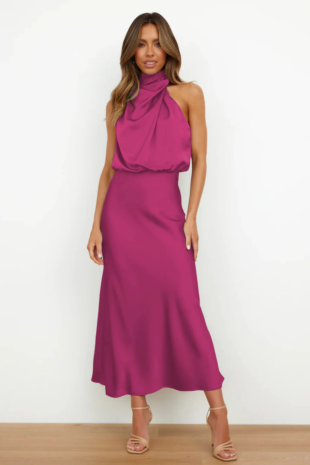 Satin Elegance Sleeveless Twisted Mock Neck Maxi Dress