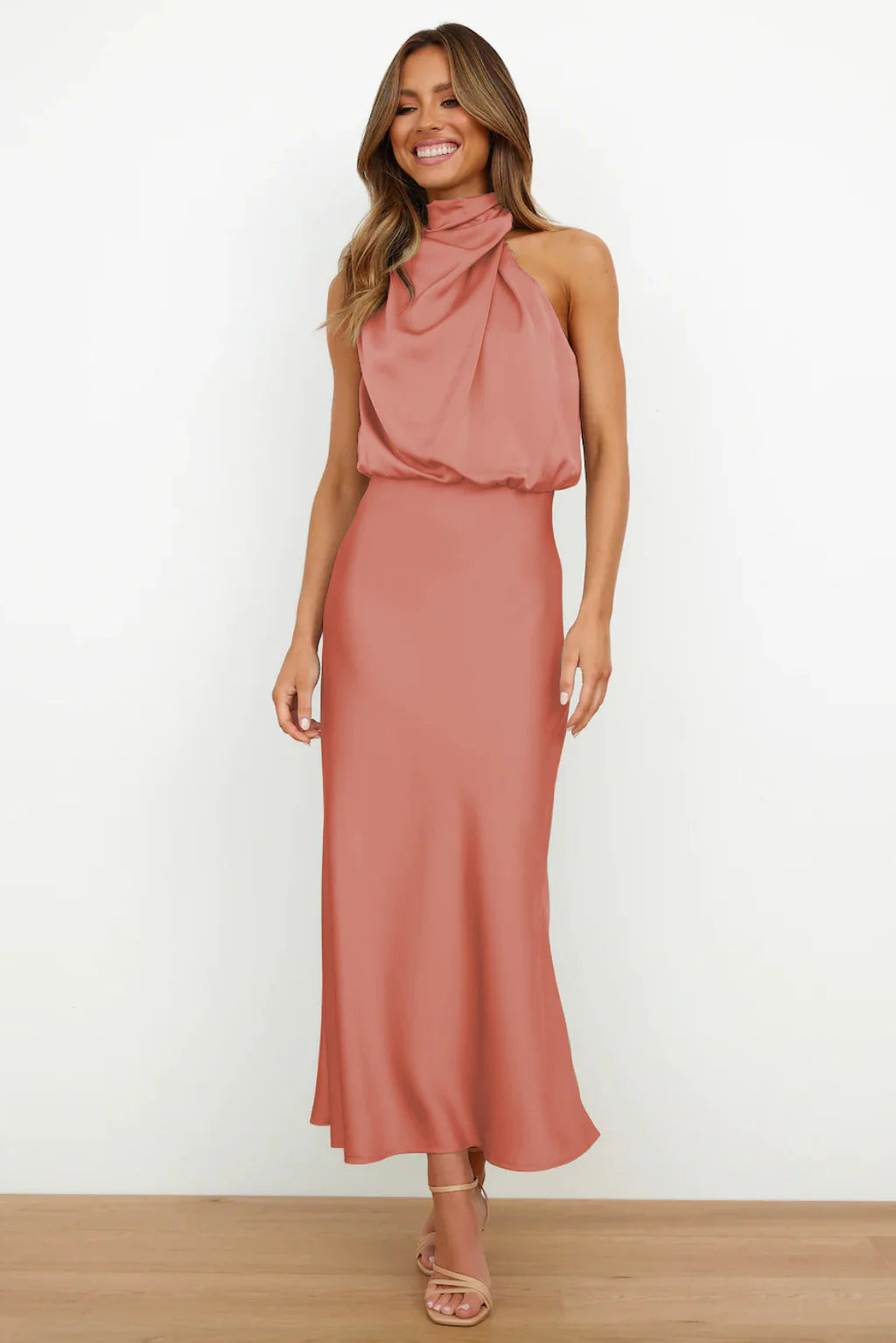 Satin Elegance Sleeveless Twisted Mock Neck Maxi Dress