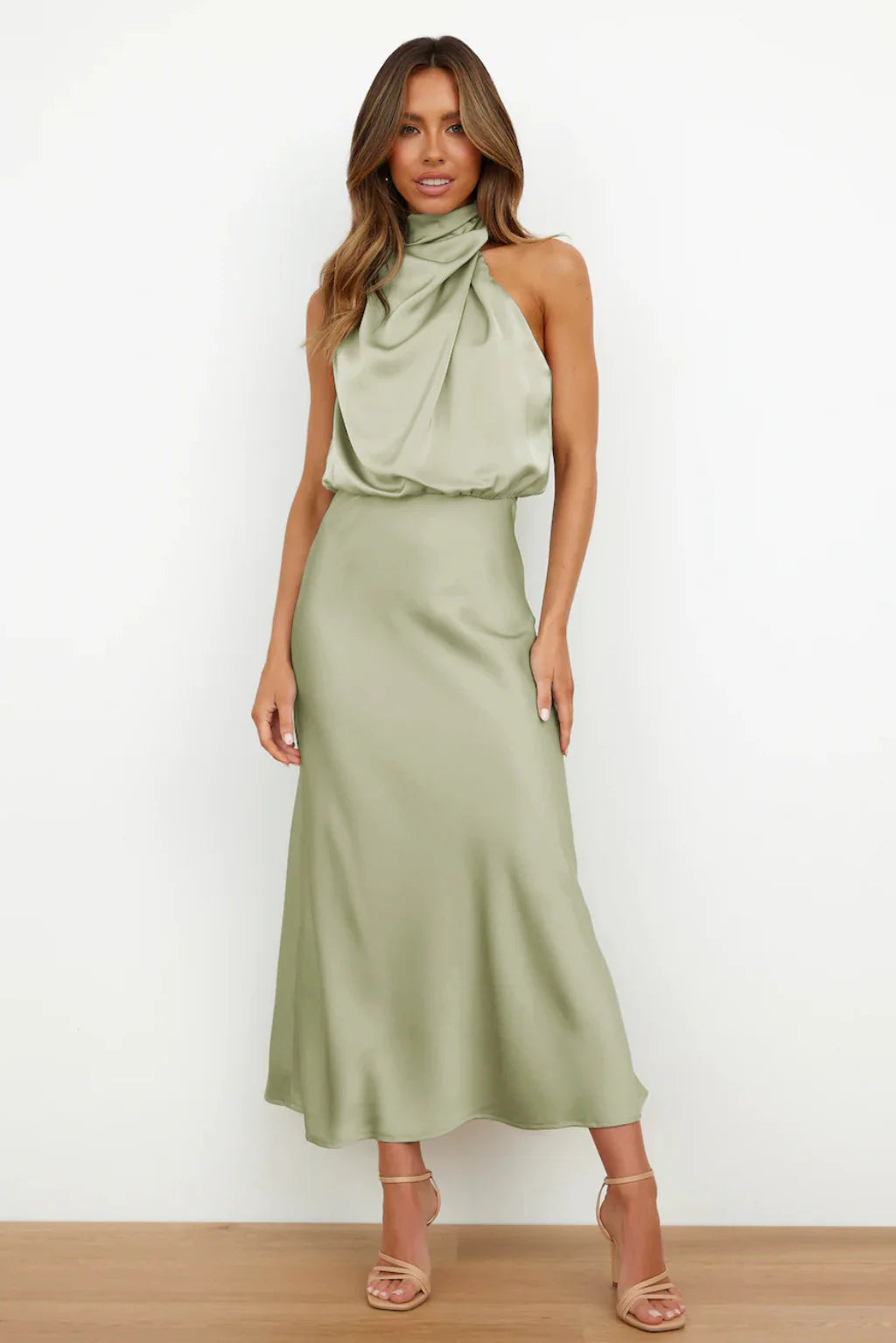 Satin Elegance Sleeveless Twisted Mock Neck Maxi Dress