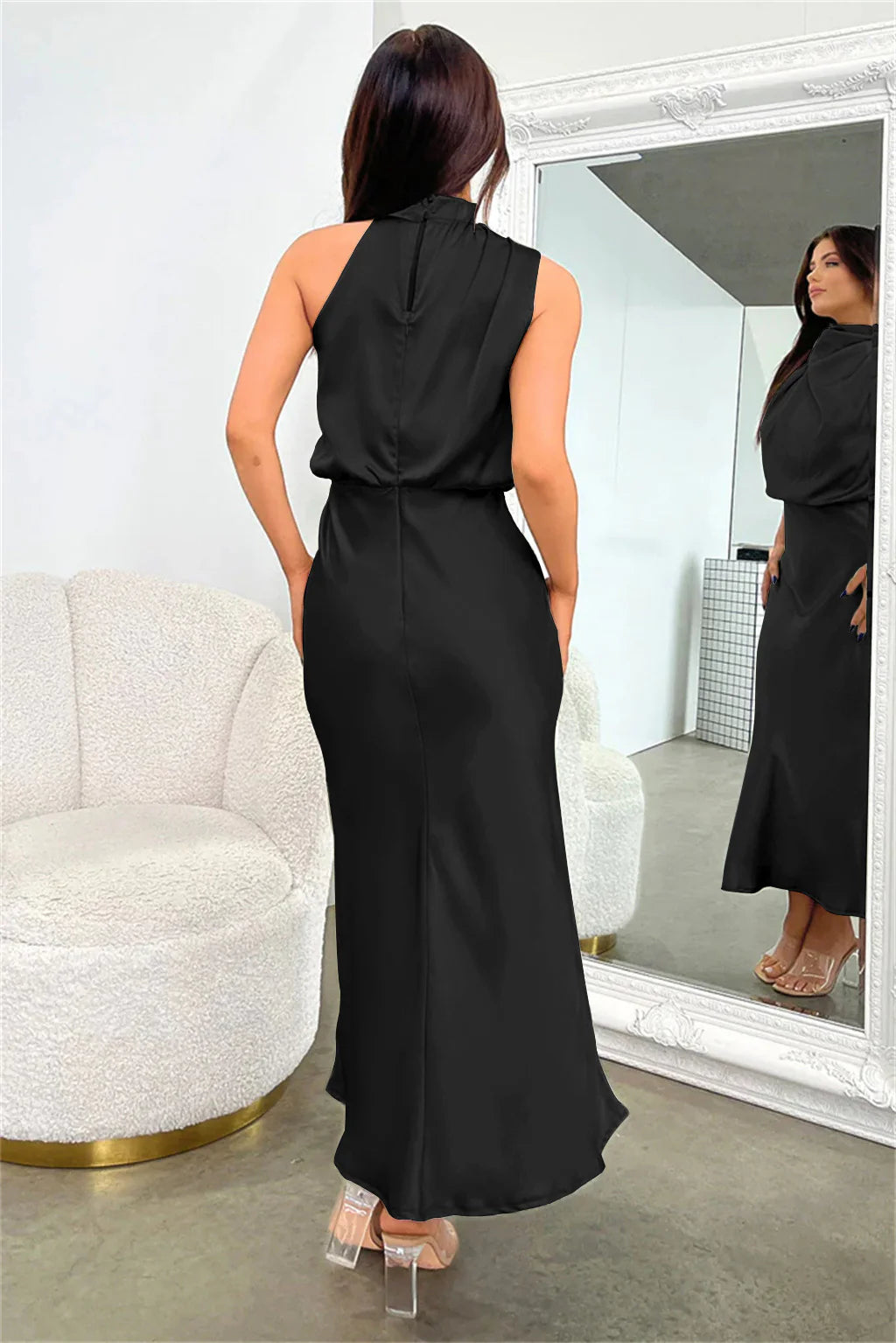 Satin Elegance Sleeveless Twisted Mock Neck Maxi Dress