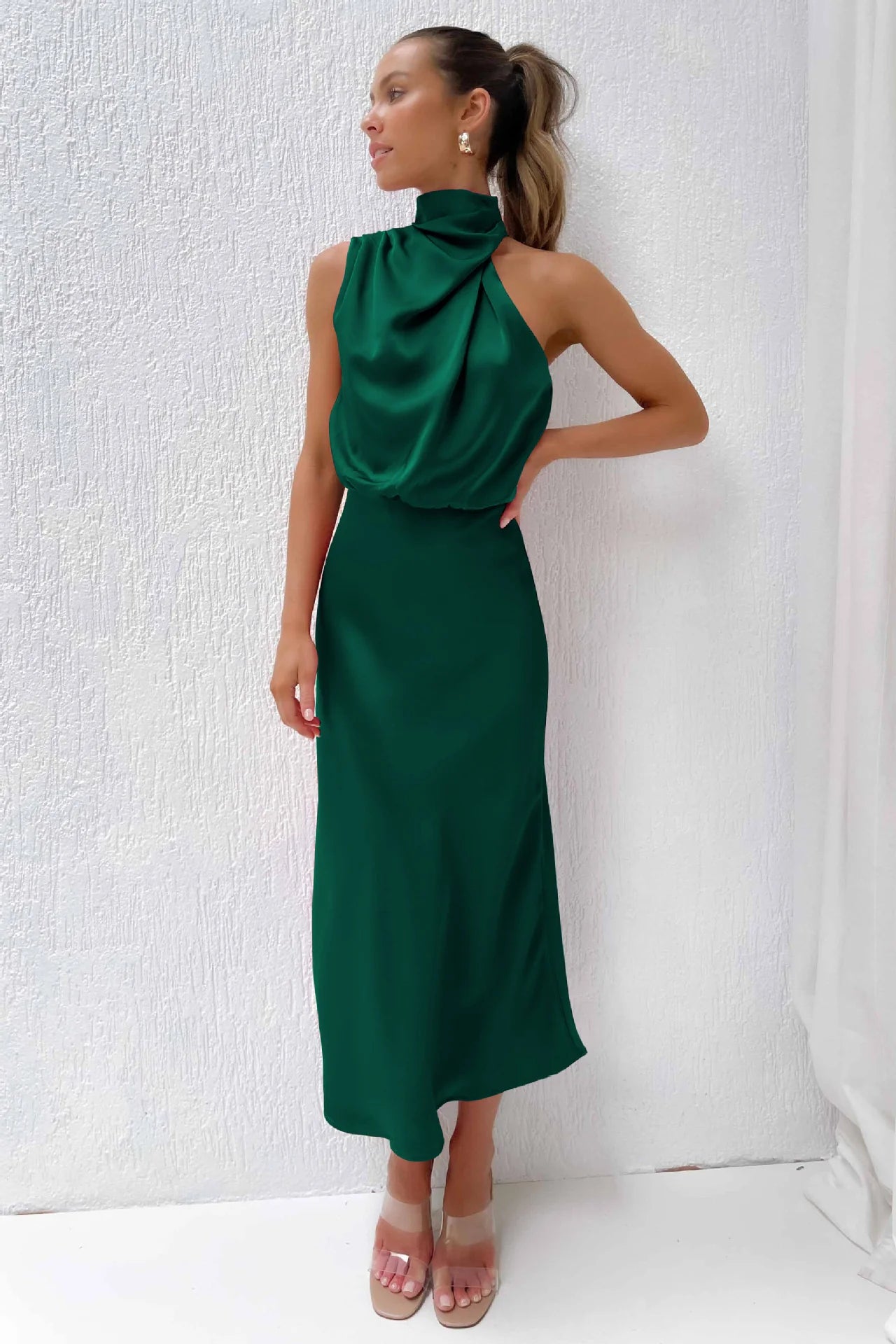 Satin Elegance Sleeveless Twisted Mock Neck Maxi Dress