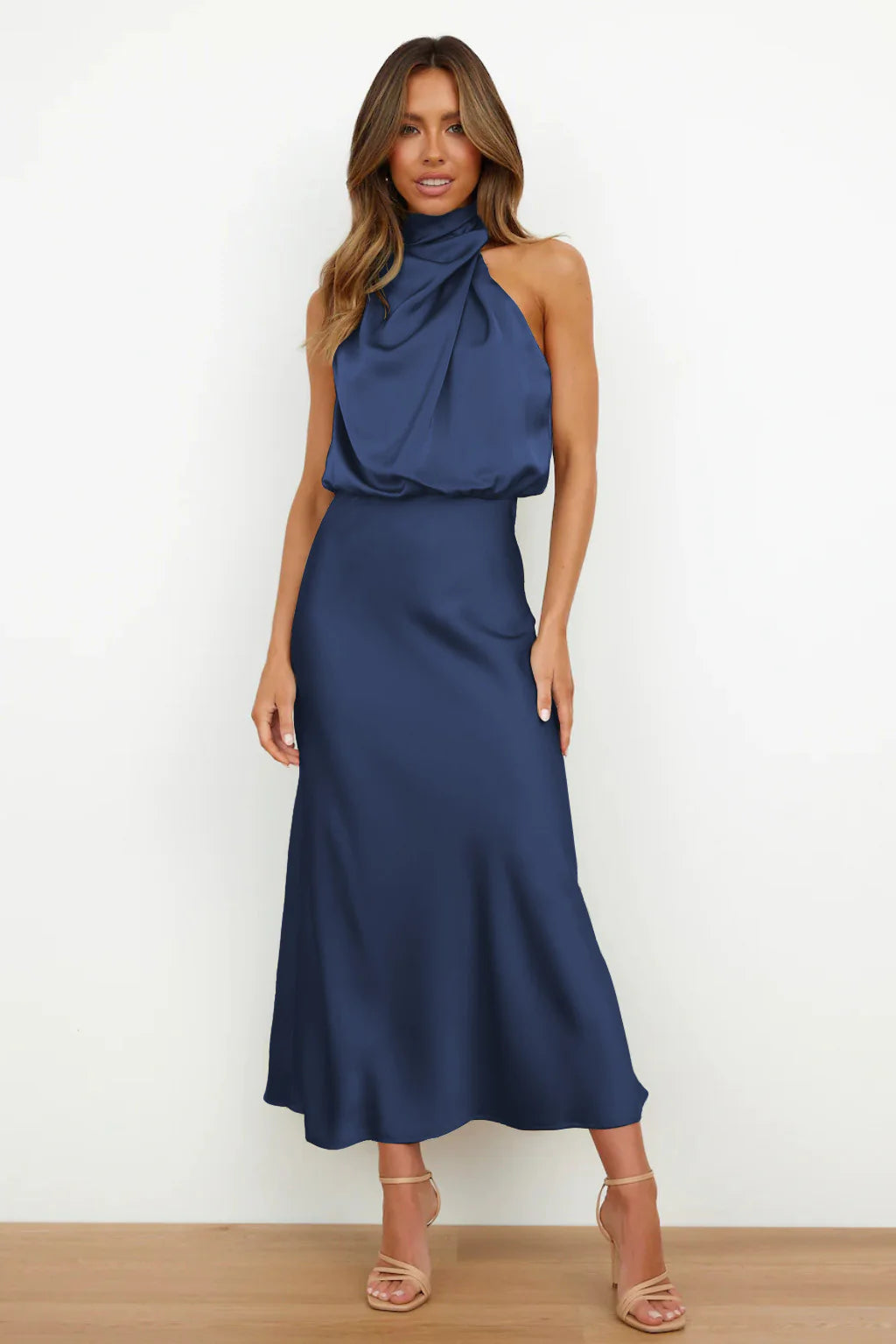 Satin Elegance Sleeveless Twisted Mock Neck Maxi Dress