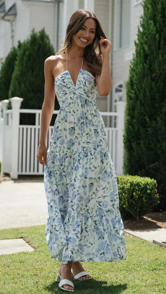 Effortlessly Abloom Ruched Halter Tiered Maxi Dress