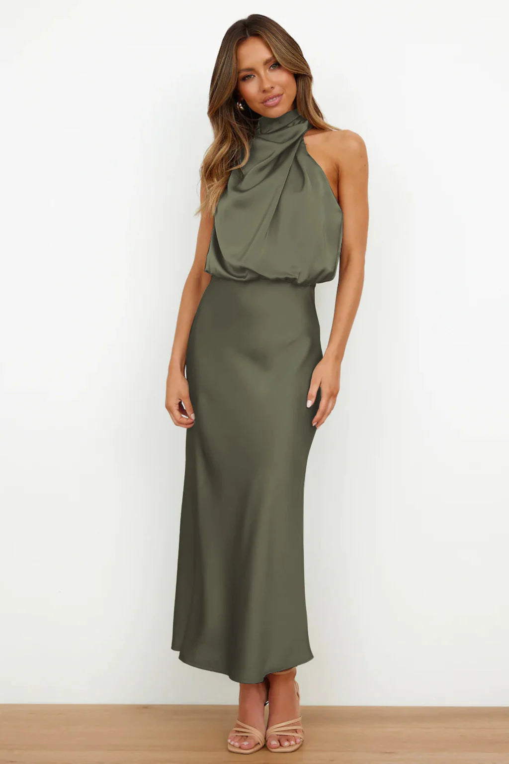 Satin Elegance Sleeveless Twisted Mock Neck Maxi Dress