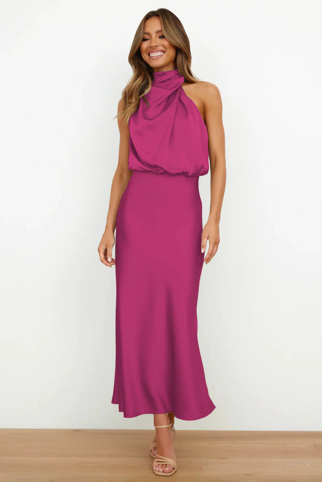 Satin Elegance Sleeveless Twisted Mock Neck Maxi Dress