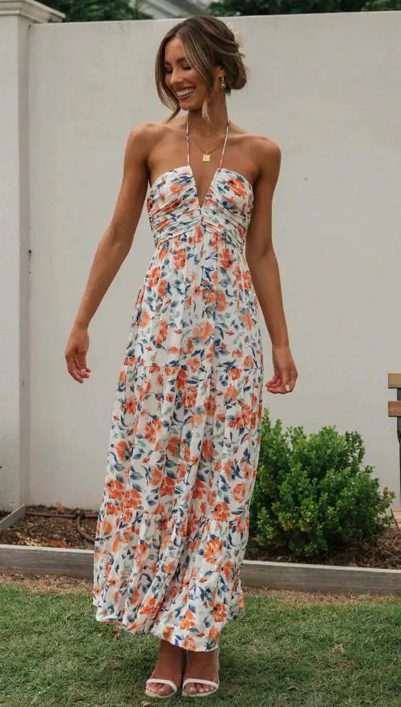 Effortlessly Abloom Ruched Halter Tiered Maxi Dress