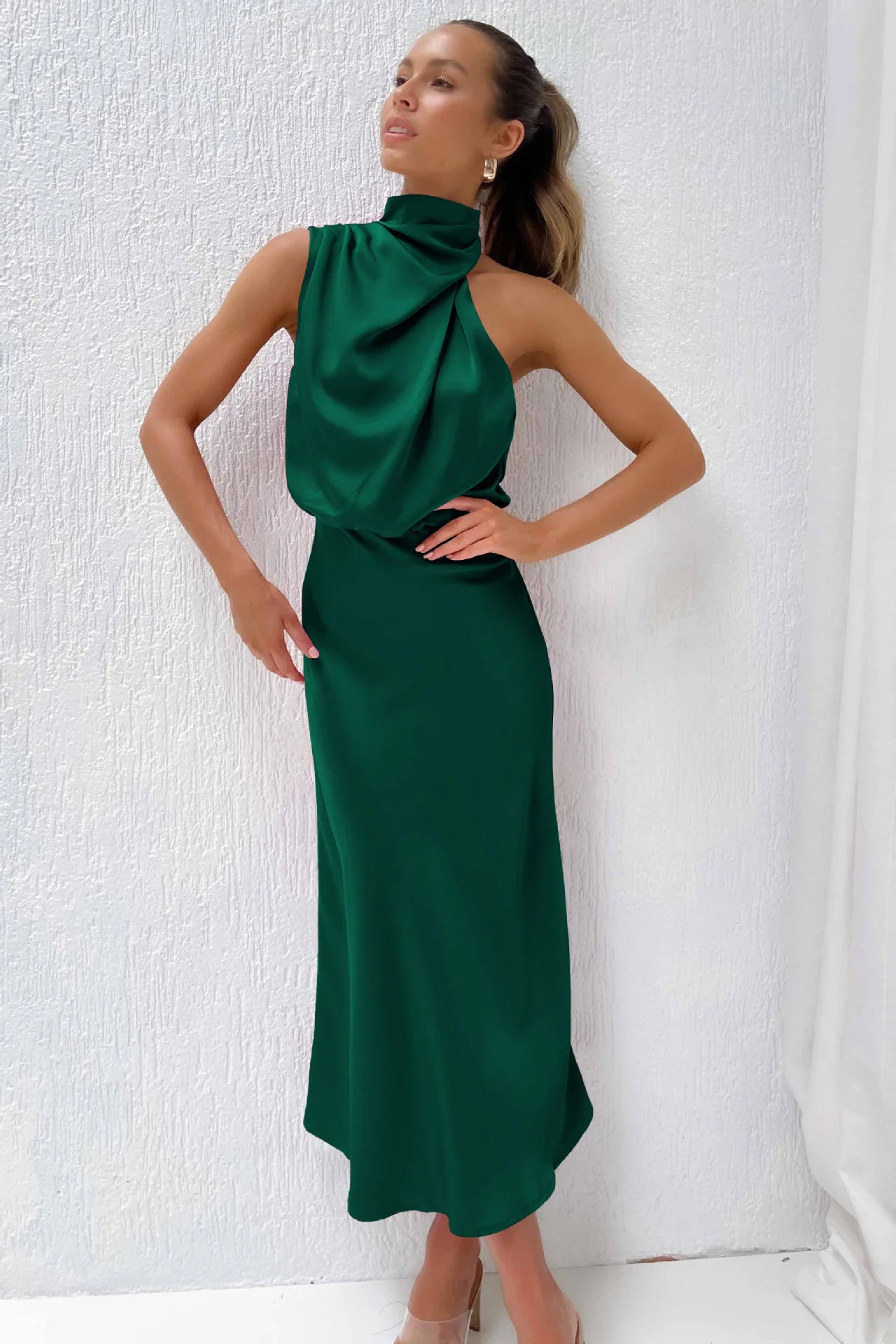 Satin Elegance Sleeveless Twisted Mock Neck Maxi Dress