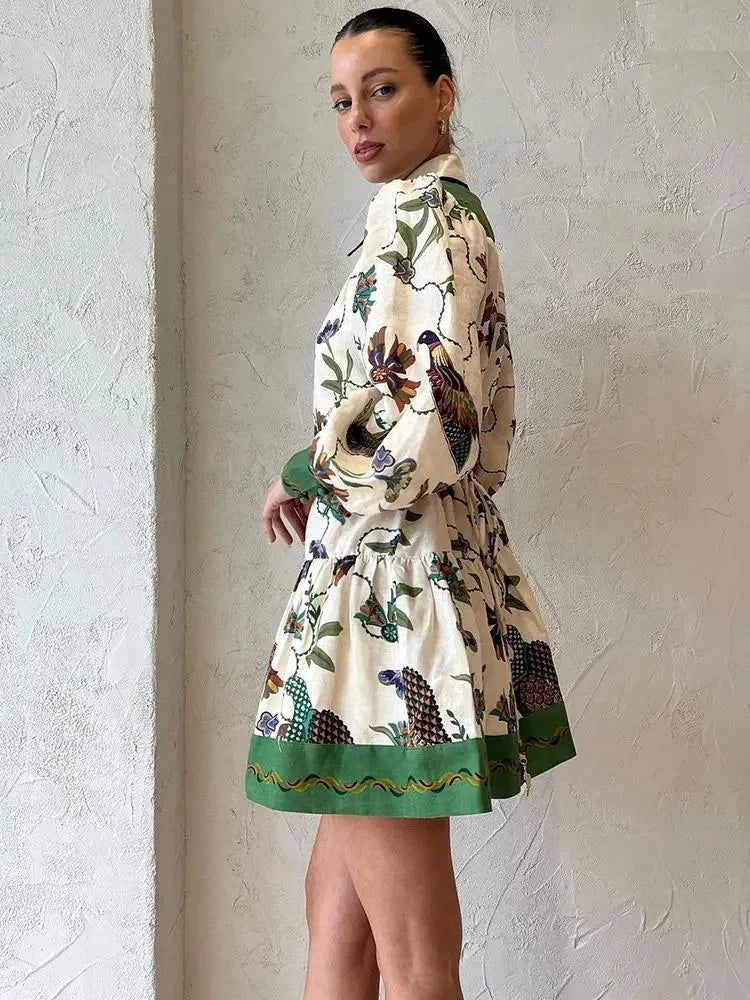 Zahara White and Green Floral Print Buttoned Mini Dress