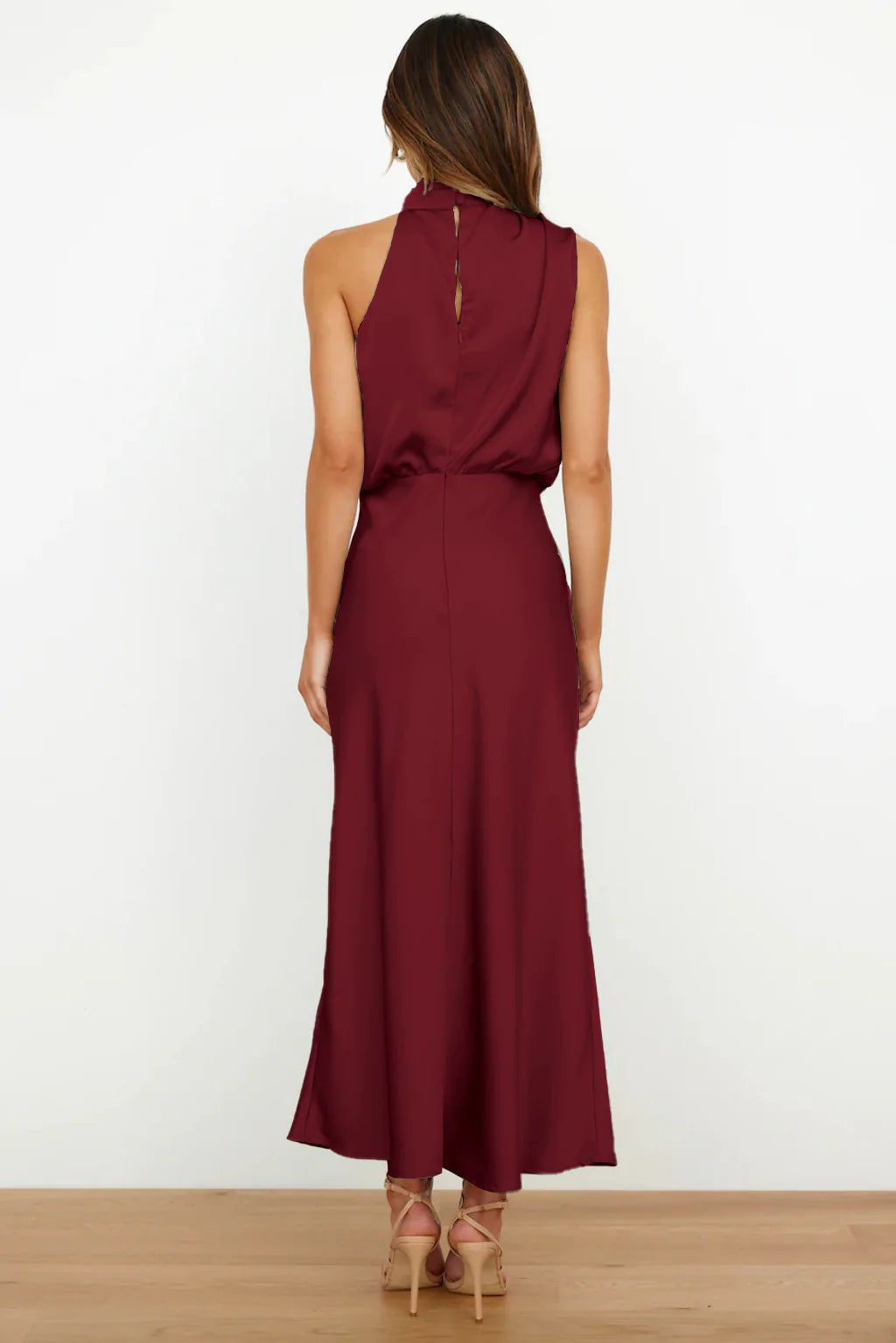 Satin Elegance Sleeveless Twisted Mock Neck Maxi Dress