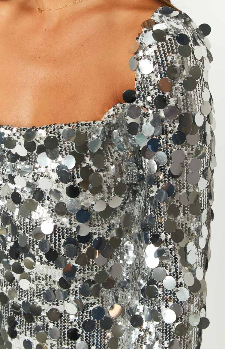 Marienne Silver Sequin Long Sleeve Mini Dress