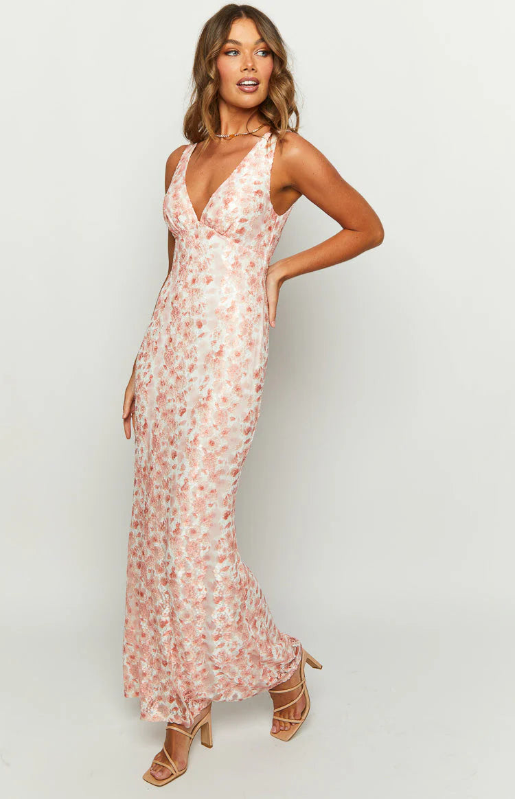 Farida Peach Lace Maxi Dress