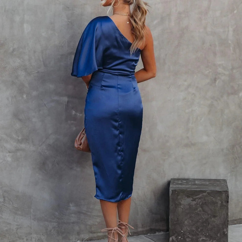 Divine Draping Satin One Shoulder Front Wrap Dress