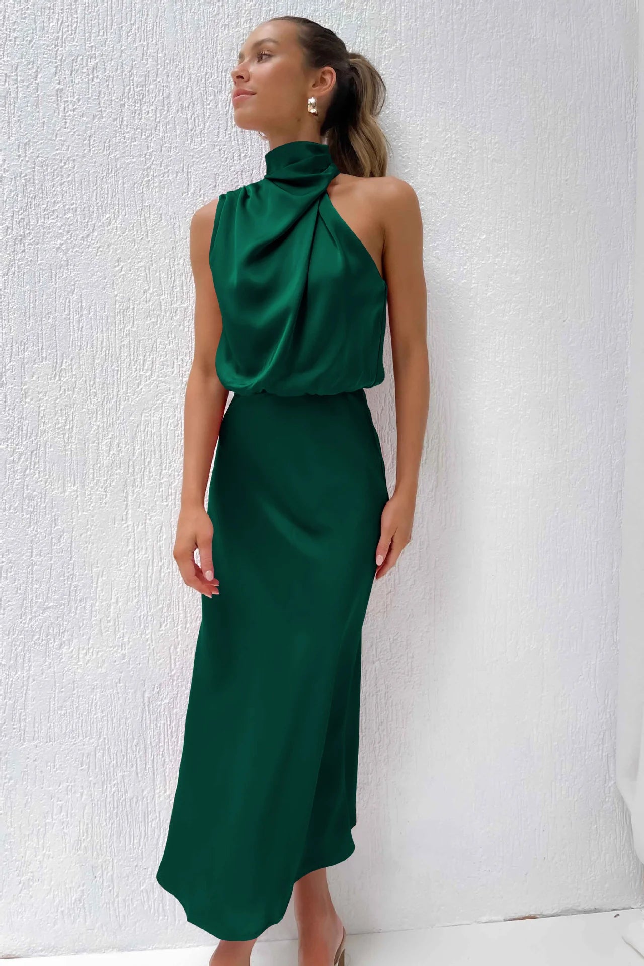 Satin Elegance Sleeveless Twisted Mock Neck Maxi Dress