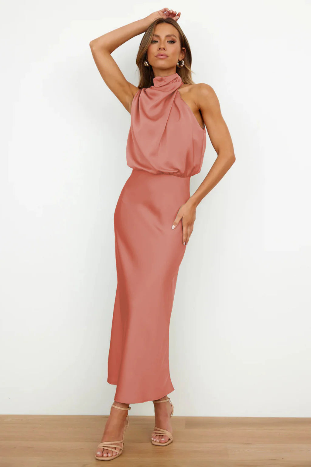 Satin Elegance Sleeveless Twisted Mock Neck Maxi Dress