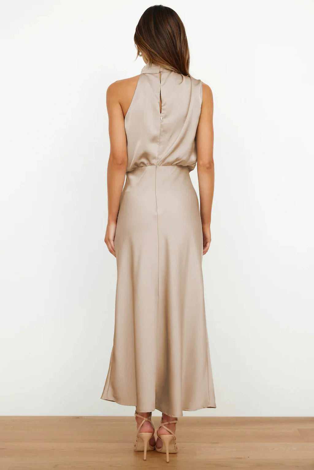 Satin Elegance Sleeveless Twisted Mock Neck Maxi Dress