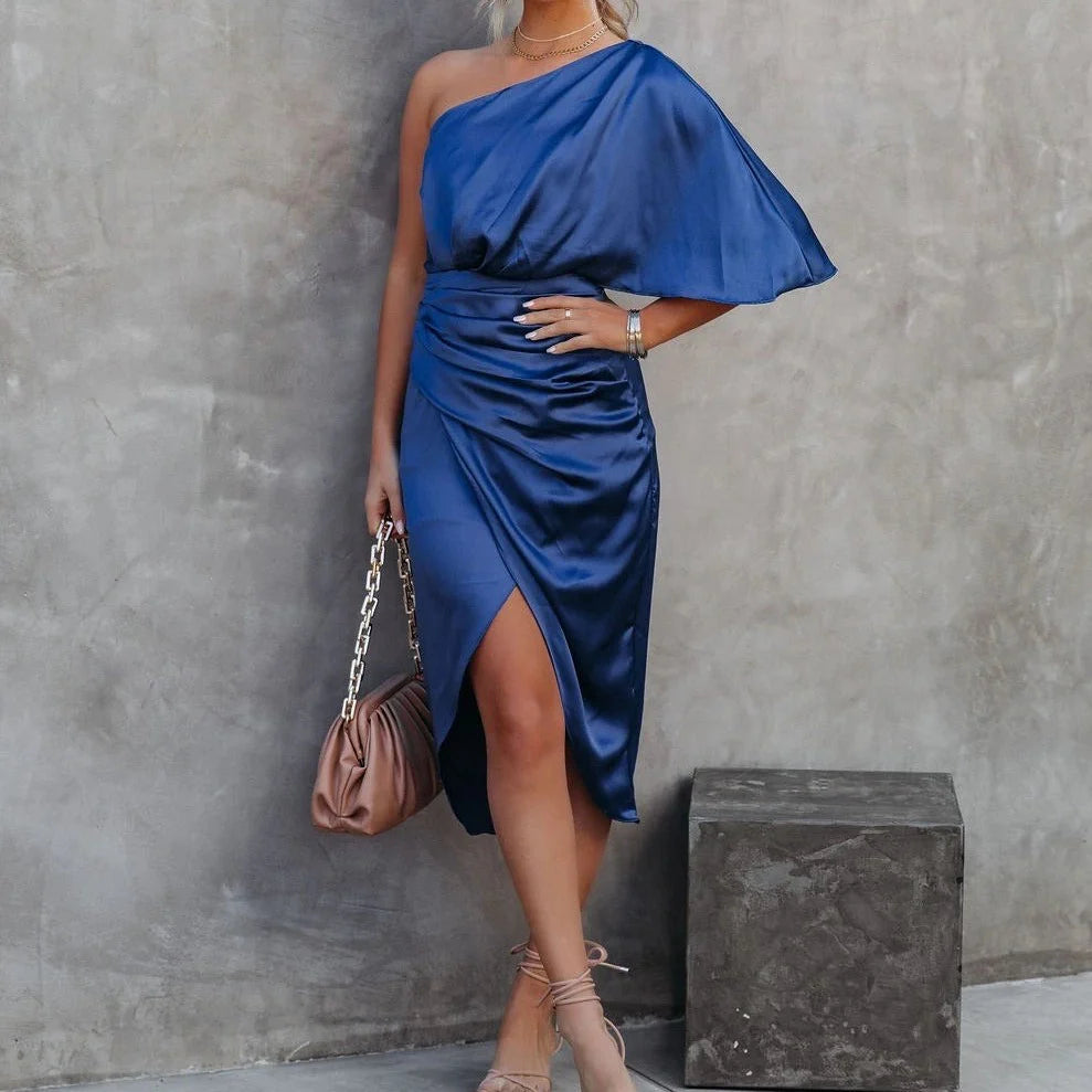 Divine Draping Satin One Shoulder Front Wrap Dress