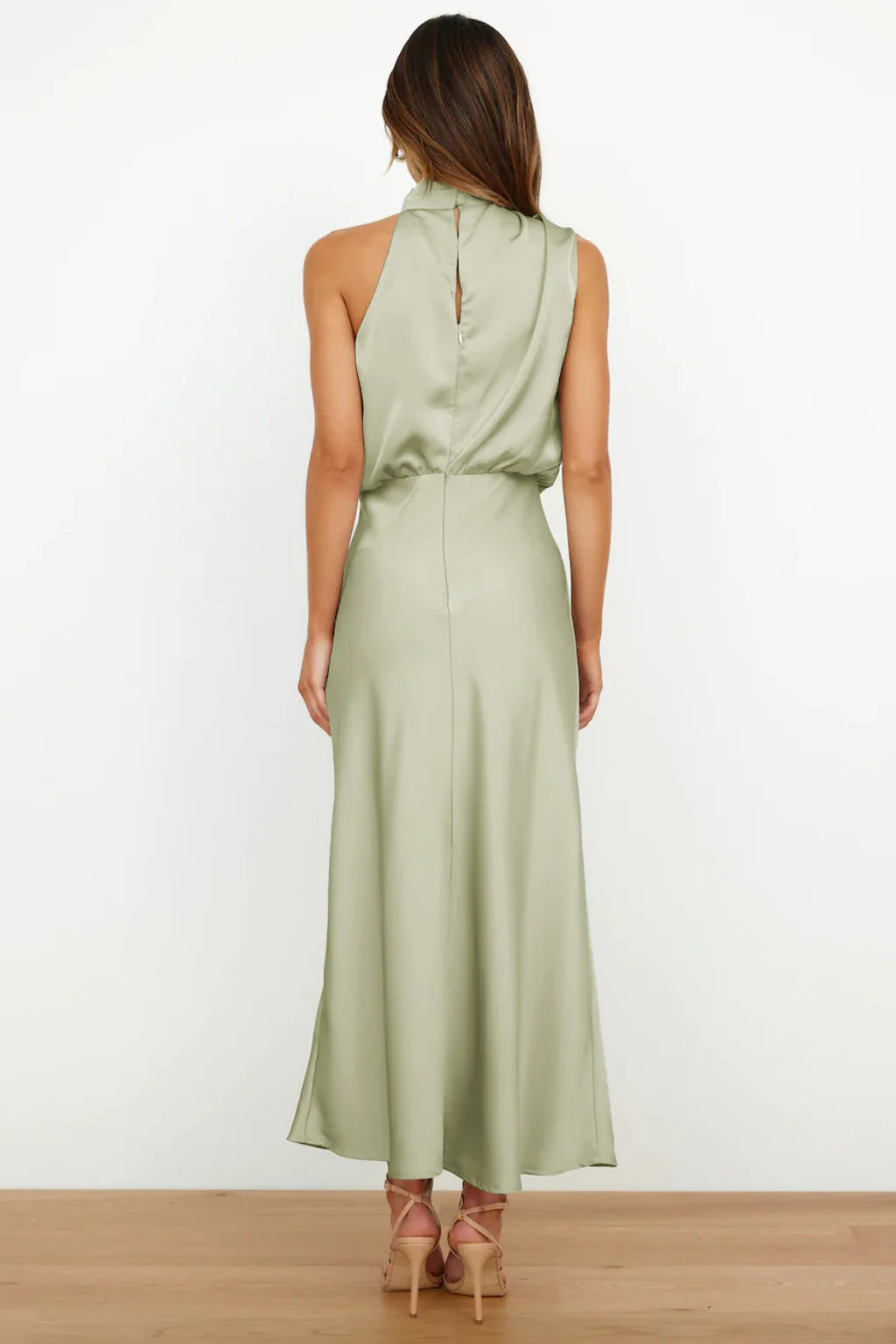 Satin Elegance Sleeveless Twisted Mock Neck Maxi Dress