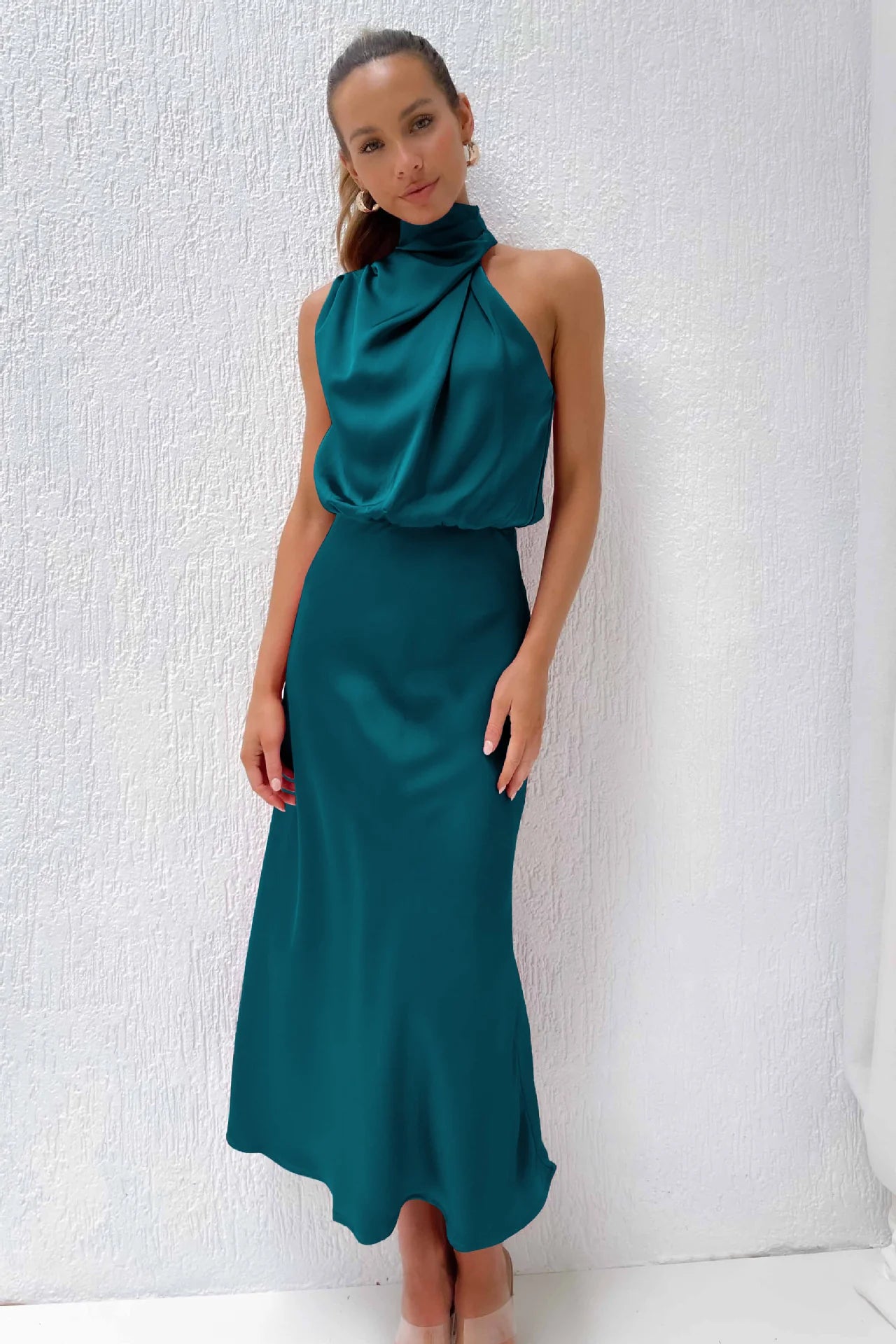 Satin Elegance Sleeveless Twisted Mock Neck Maxi Dress