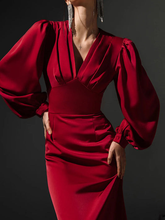 Talk About Divine Long Puff Sleeves Midi Dress