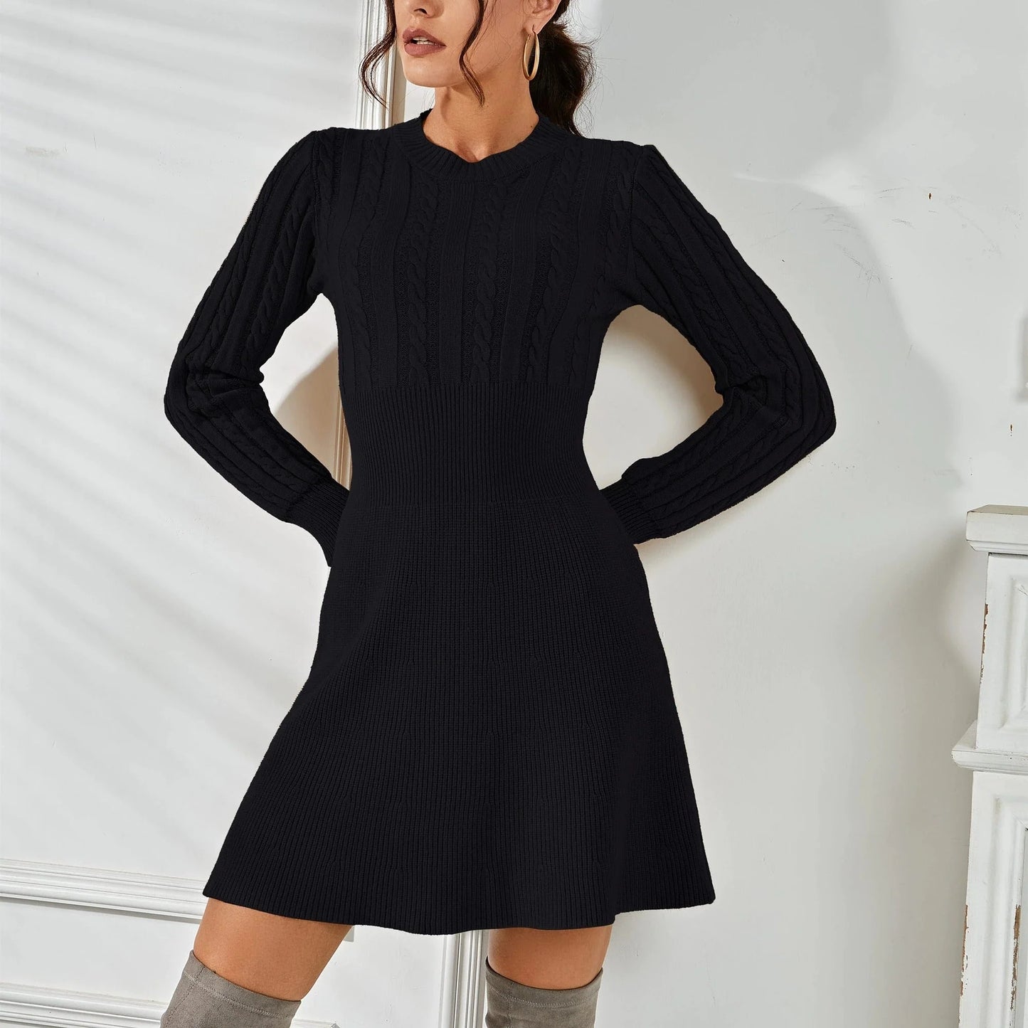 Hello Winter Cable Knit Mini Sweater Dress