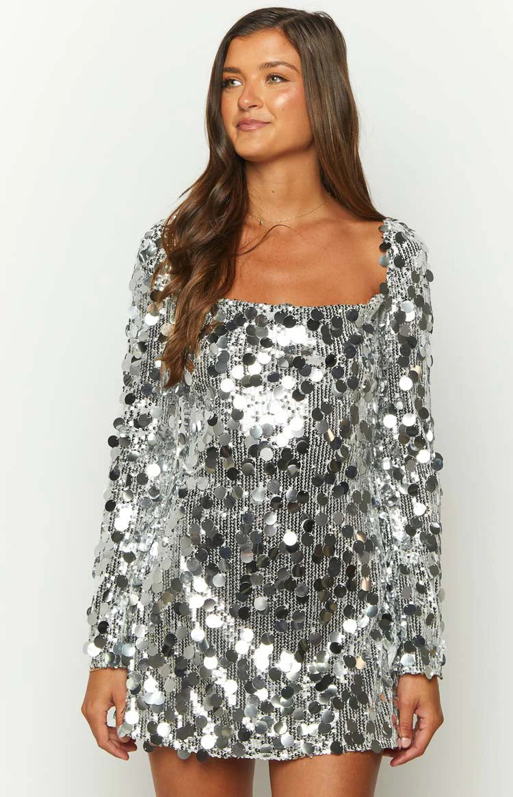 Marienne Silver Sequin Long Sleeve Mini Dress