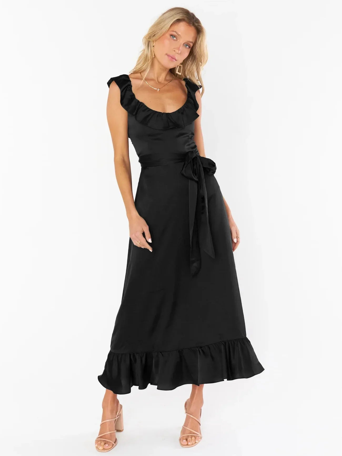 Divine Ruffle Ribbon Belt Midi Dress