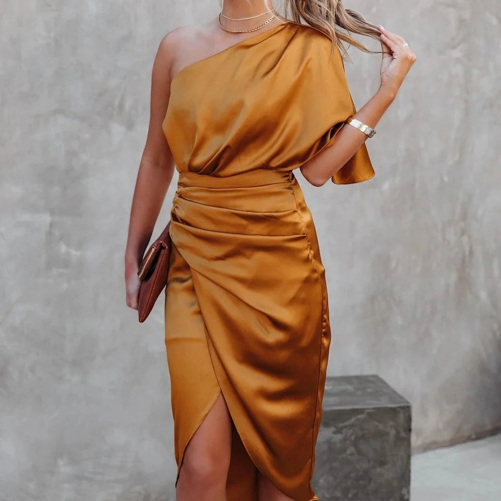 Divine Draping Satin One Shoulder Front Wrap Dress