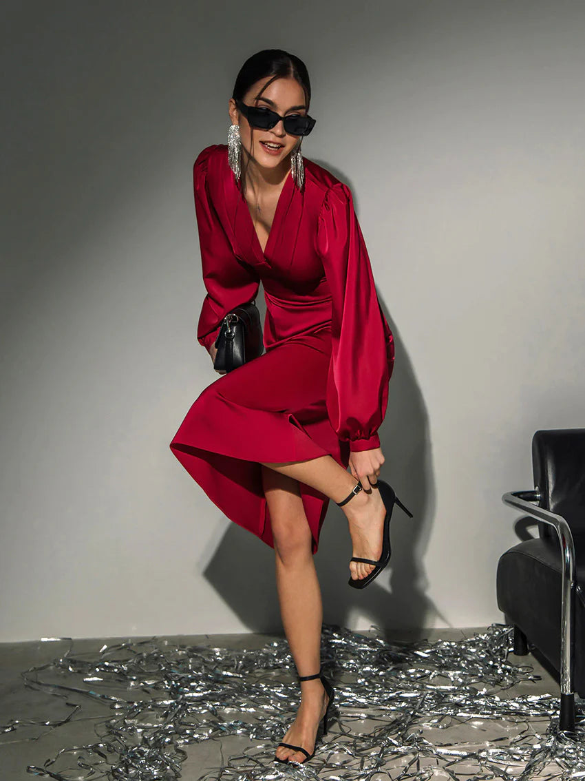 Talk About Divine Long Puff Sleeves Midi Dress