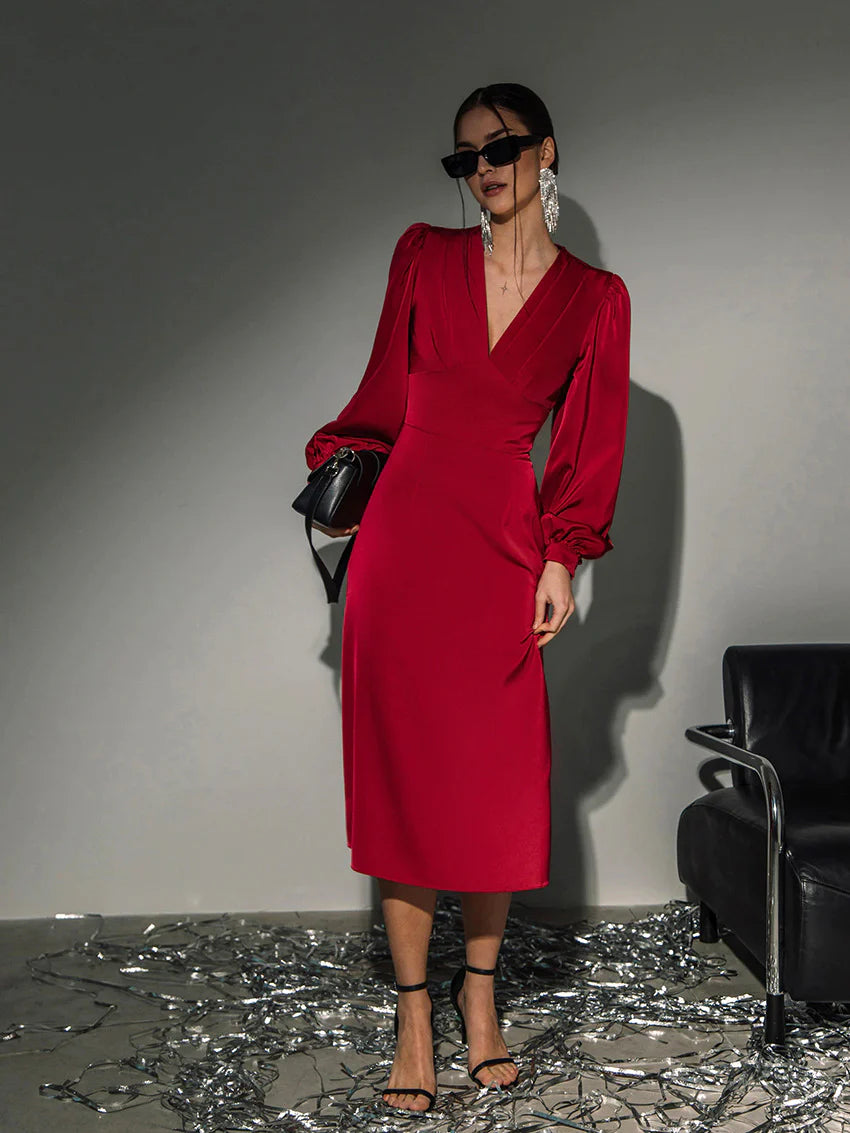 Talk About Divine Long Puff Sleeves Midi Dress