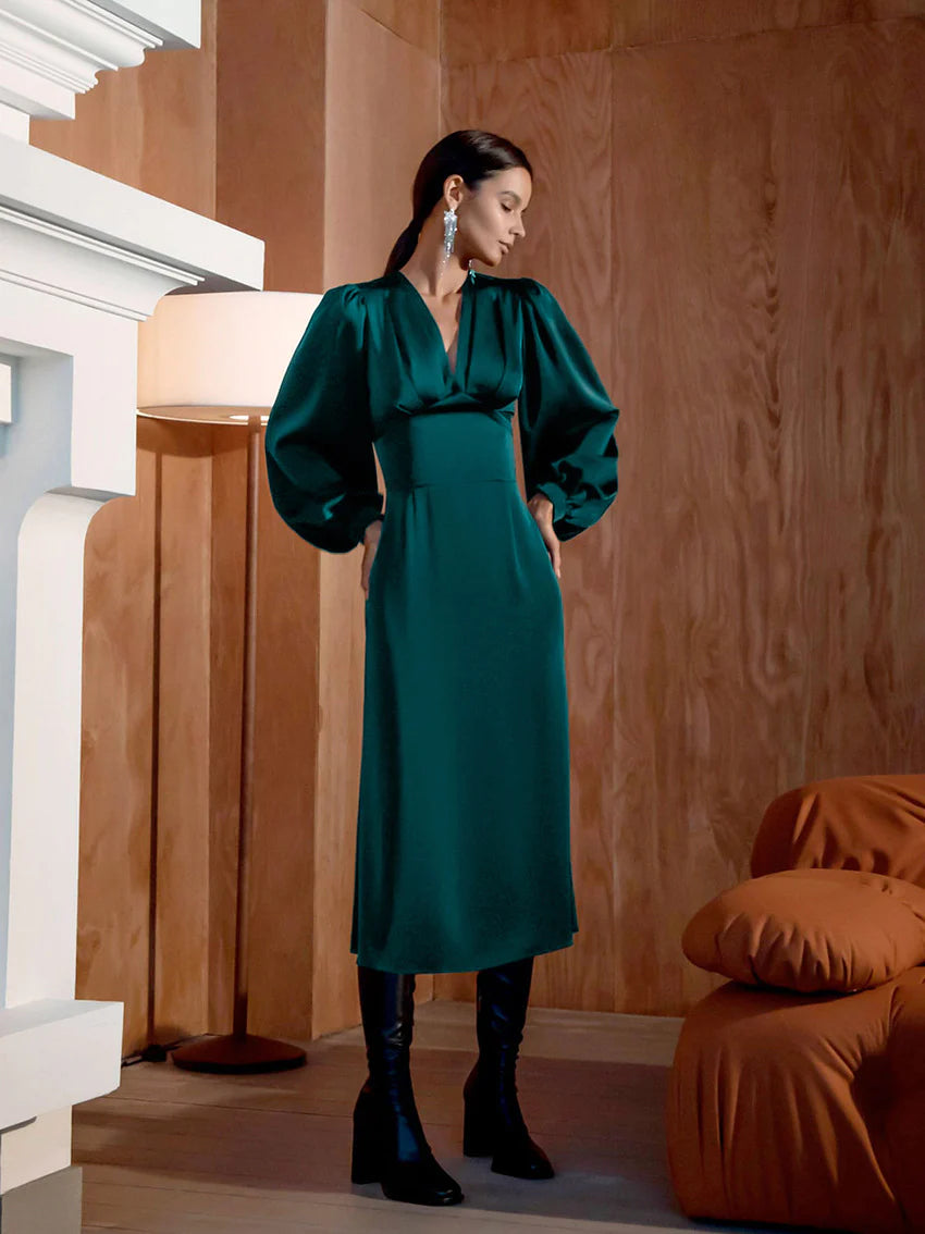 Talk About Divine Long Puff Sleeves Midi Dress