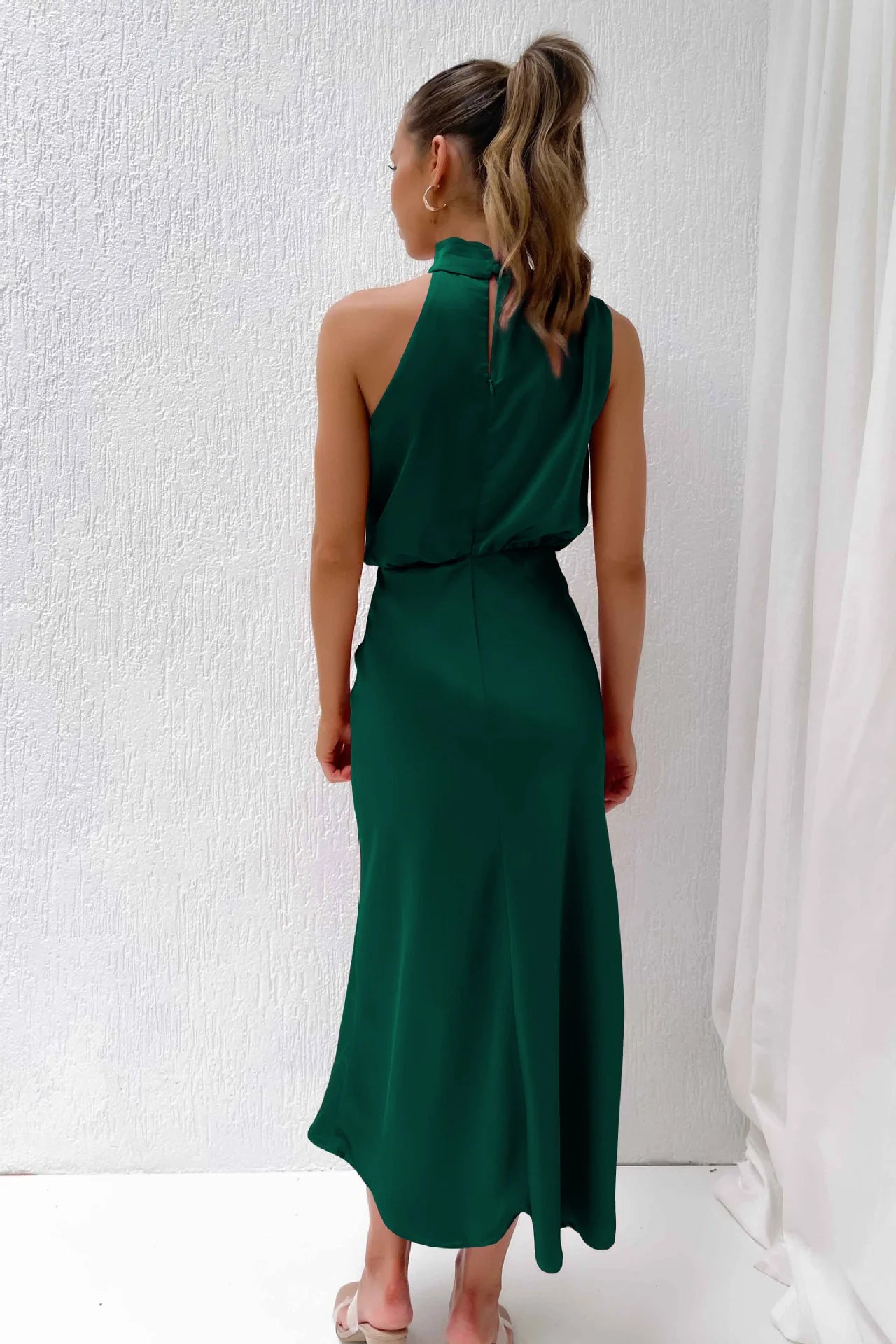 Satin Elegance Sleeveless Twisted Mock Neck Maxi Dress