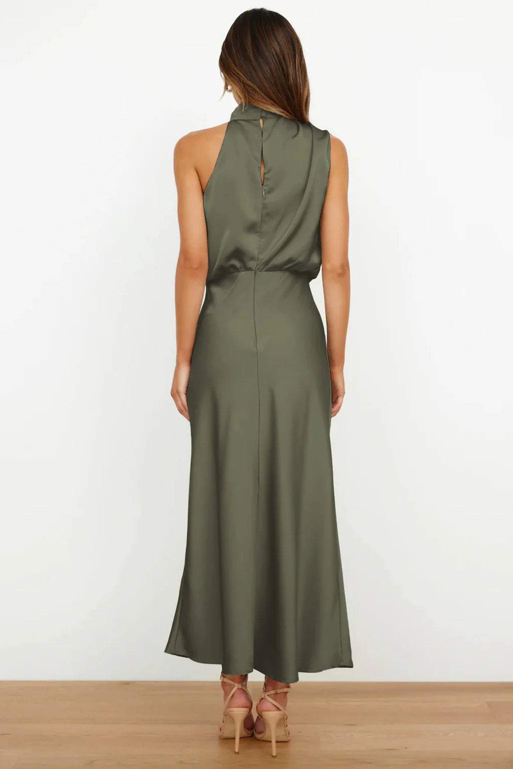 Satin Elegance Sleeveless Twisted Mock Neck Maxi Dress