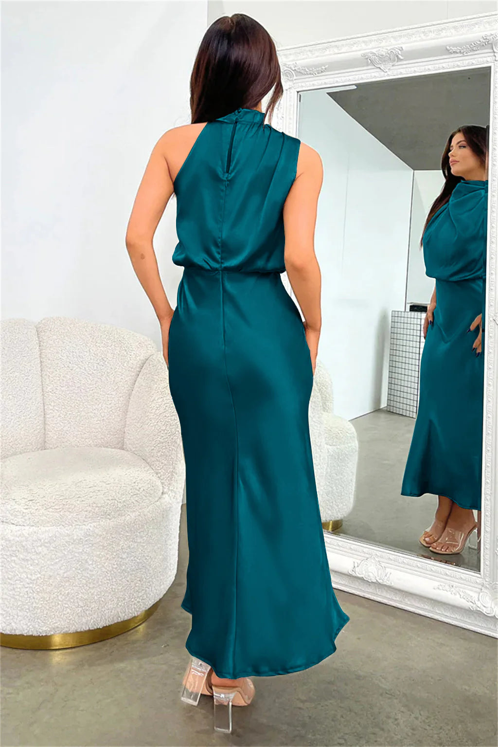 Satin Elegance Sleeveless Twisted Mock Neck Maxi Dress