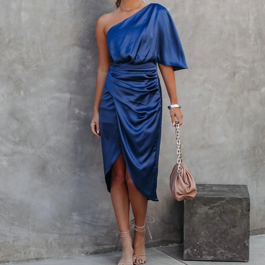 Divine Draping Satin One Shoulder Front Wrap Dress