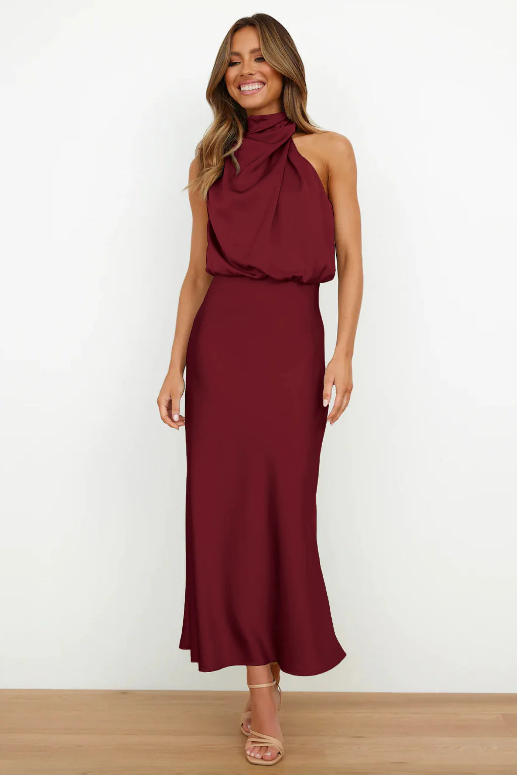 Satin Elegance Sleeveless Twisted Mock Neck Maxi Dress